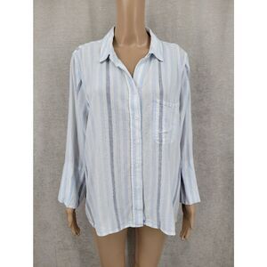 Side Stitch Light Blue Striped Button-Down Shirt Linen Blend Coastal